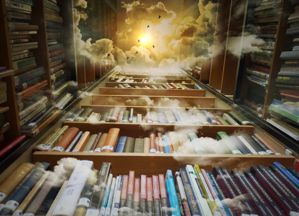 Library shelves extending into the clouds.